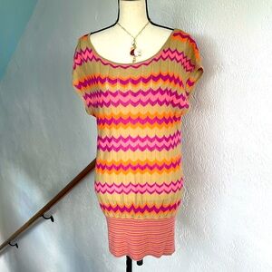 Free People Knit Tunic/Dress Chevron Stripes Pink and Orange and Tan Large